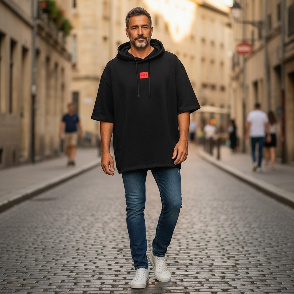 HUGO Hugo Boss Mens Cotton Black Short Sleeve Red Logo Patch Hoodie XXL 50471340